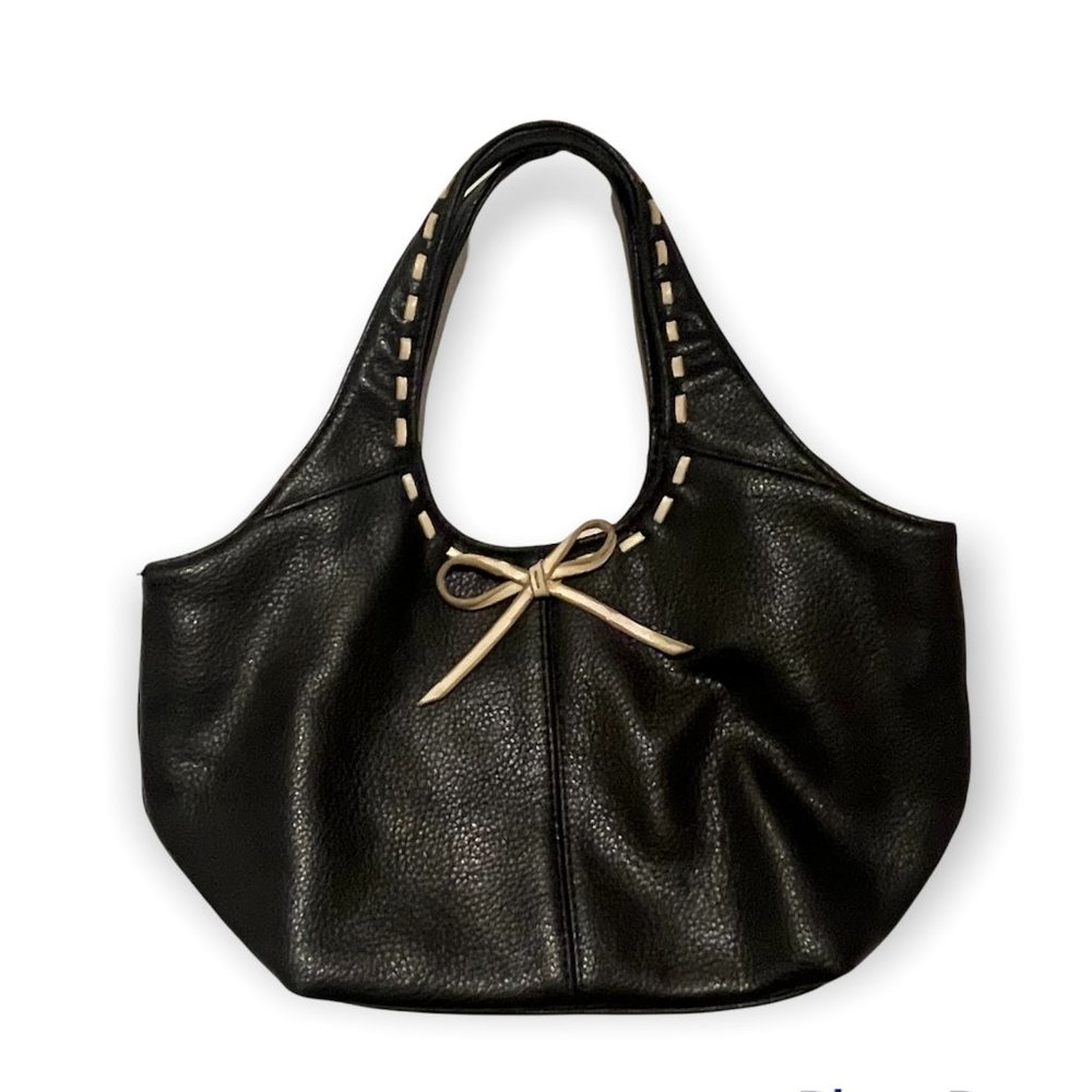 stitched leather ribbon bow shoulder purse